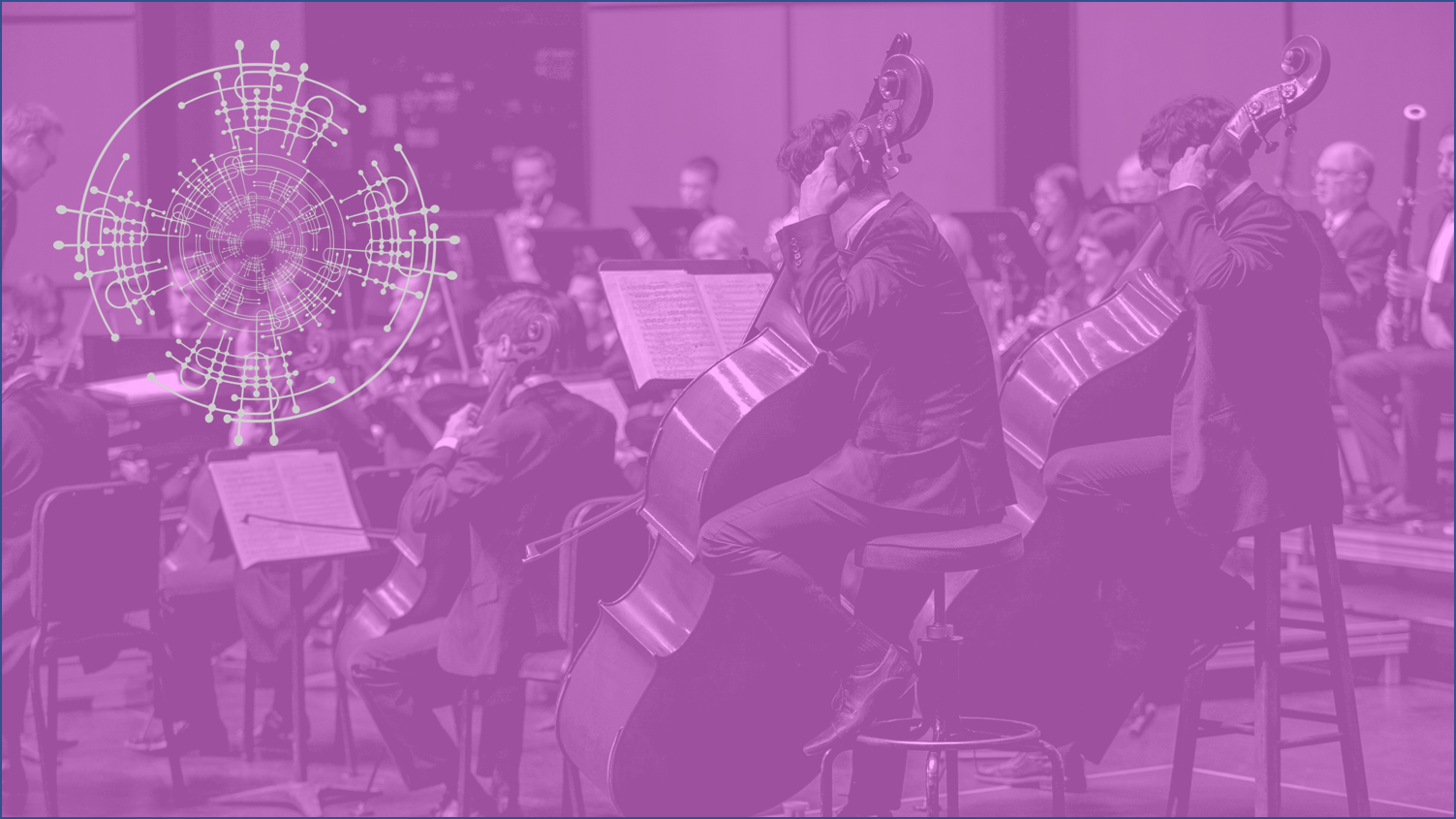Symbolbild: Orchester mit Cellisten und Kontrabassisten bei einer Aufführung, überlagert von einem digitalen, kreisförmigen Muster, das Vernetzung symbolisiert